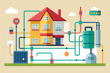 Esquema de una casa con su sistema de calefacción interno visible, mostrando tuberías, calderas y conexiones.