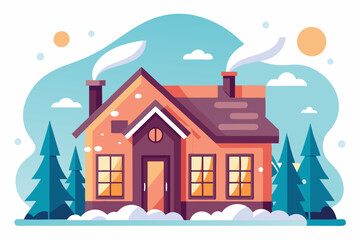 Casa rural con chimeneas encendidas en un entorno invernal con &aacute;rboles cubiertos de nieve y colinas al fondo.