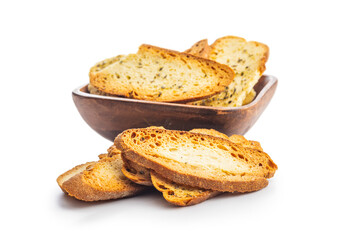 Crispy roasted bruschetta bread isolated on white background.