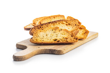 Crispy roasted bruschetta bread isolated on white background.