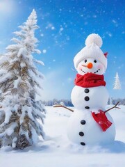 Obraz premium Winter fairy tale, cute snowman in a hat and with a red scarf in a sunny forest glade next to a fir tree