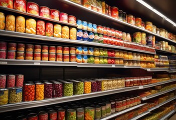 Obraz premium vibrant display diverse canned food selections featuring colorful labels assorted varieties neatly arranged shelves, variety, assortment, groceries, pantry