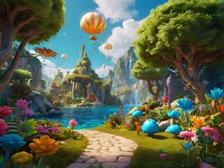 Obraz premium Whimsical Fantasy Landscape with Playful Creatures and Floating Islands