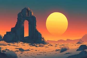 Obraz premium A Lone Ruin Stands Against a Setting Sun in a Desert Landscape