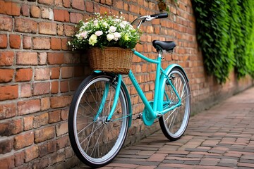 A vintage bicycle leaning against a brick wall, with a wicker basket on the front, filled with fresh flowers