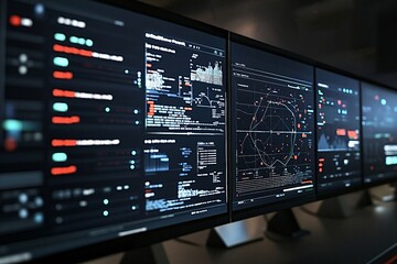 Multiple computer screens show data analysis charts, graphs, and code in a high-tech room, with a dark background and glowing lines