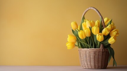 Bright yellow tulips arranged in a wicker basket against a warm yellow backdrop