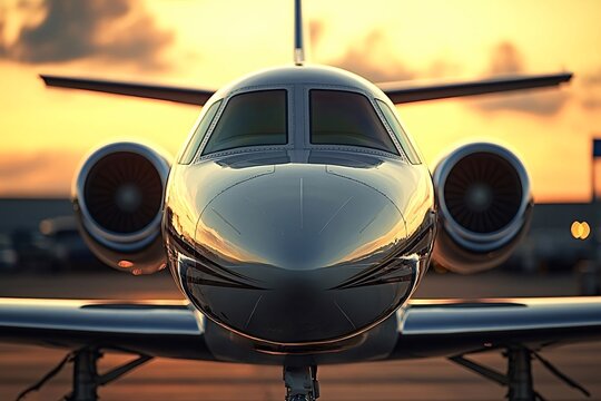 Sleek private jet is parked on the tarmac with the sun setting in the background. The jet is reflecting the golden light of the setting sun