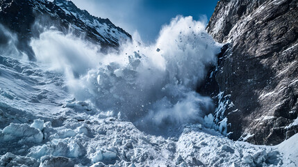 An avalanche tumbling down a glacier with huge chunks of ice and snow breaking off and crashing into the valley below.