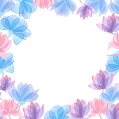 leaves and flowers with transparent petals frame on white background watercolor illustration floral background for invitations. for clothing, wallpaper, wrapping paper, home decor