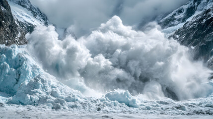 An avalanche tumbling down a glacier with huge chunks of ice and snow breaking off and crashing into the valley below.