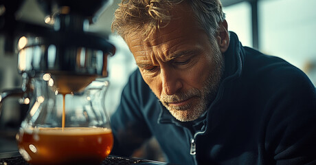 A man carefully monitors the coffee brewing process in a chic café, enjoying the warmth of the morning light filtering through the windows