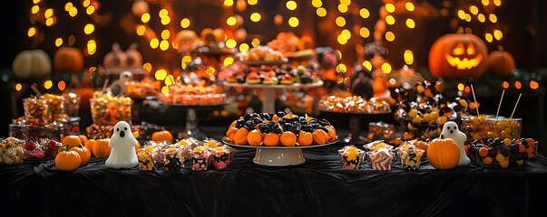 Halloween sweets bar on black velvet, accented with ghost figures and fairy lights.