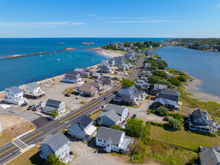 Straits Pond and Hull coast aerial view near Crescent Beach on Atlantic Avenue in town of Hull, Massachusetts MA, USA. 