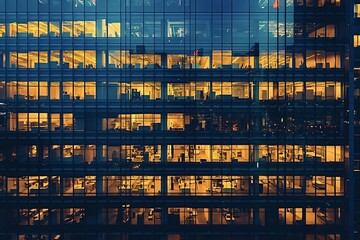 The warm glow of office lights illuminate the night as employees work late inside a modern corporate office building, symbolizing hard work and dedication