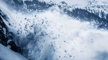 A close-up of an avalanche as it bursts over a cliff snow exploding into the air as it crashes down into the valley below.