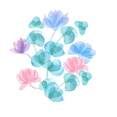 eucalyptus leaves and flowers with transparent petals composition on white background watercolor illustration floral background for invitations. for clothing, wallpaper, wrapping paper, home decor