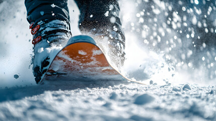 A close-up of a snowboarders boots and board as they ride through fresh snow spraying powder.