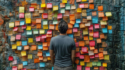 A person stands thoughtfully in front of a vibrant wall covered in sticky notes, reflecting on the displayed messages and ideas