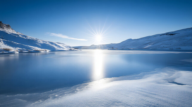 A frozen lake surrounded by snow-covered hills with the sky a brilliant blue and the sun reflecting off the ice in a blinding shimmer.