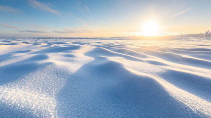 A frozen tundra stretching out to the horizon with low sunlight casting long shadows on the snow and ice crystals glittering in the cold.