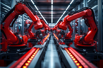 Fototapeta premium The robotic assembly line with red robotic arms is advanced and ensures automated production processes for maximum efficiency in the factory setting
