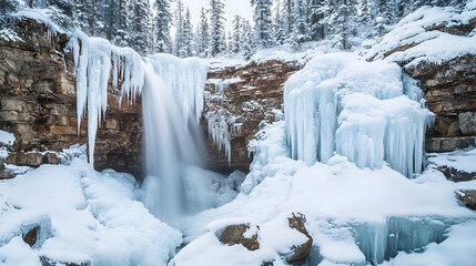 Obraz premium A frozen waterfall cascading over rocks with thick ice formations surrounding the fall and snow-covered trees in the background.