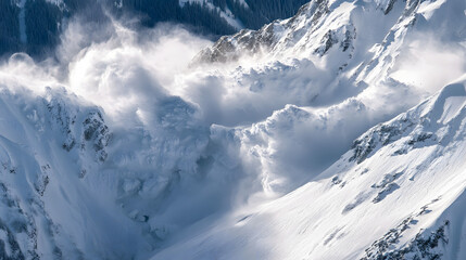 Obraz premium A high-altitude view of an avalanche spreading out across a wide valley with snow and ice engulfing the lower slopes of the mountains.