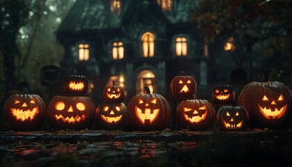 Halloween scene with pumpkin designs against a spooky haunted house setting.