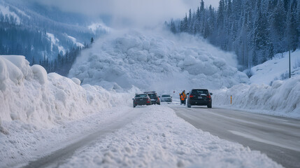 A large avalanche covering a highway burying cars and blocking traffic with emergency crews arriving on the scene to begin clearing the road.