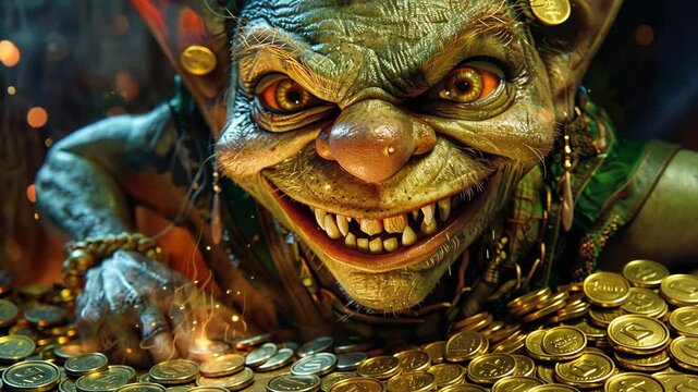 A goblin grins menacingly as it hoards a pile of gold coins