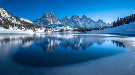 A quiet alpine lake partially frozen with snowy peaks reflecting in the icy water under a clear winter sky.