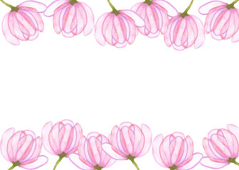 flowers with transparent horizontal frame of petals on white background watercolor illustration floral background for invitations. for clothing, wallpaper, wrapping paper, home decor