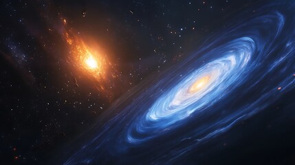 Neutron star with an accretion disk showing gravitational waves and dark matter with a dwarf galaxy and the Great Attractor in the background