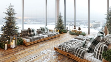 Modern balcony with a snow-covered city view