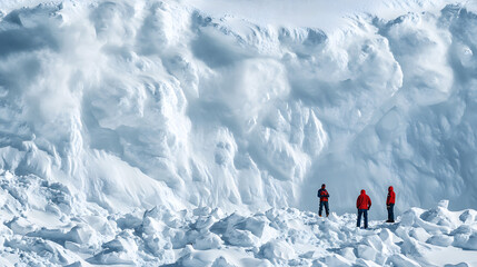 A rescue team standing at the edge of a massive avalanche field surveying the deep snow and debris left behind after the avalanches descent.
