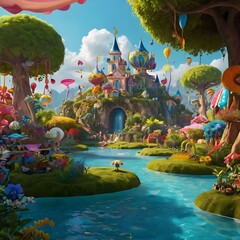 Obraz premium Whimsical Fantasy Landscape with Playful Creatures and Floating Islands