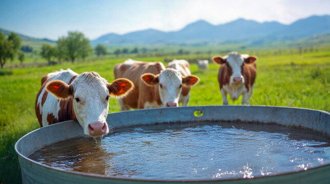Cows drinking water from a trough in a grassy pasture under a bright sky with distant mountains in the background