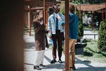 Three businesspeople engage in a lively discussion outdoors in a city environment, sharing ideas and strategies in a casual, yet focused business meeting.