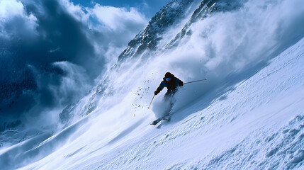 A skier outrunning a fast-moving avalanche with snow tumbling down the slope behind them as they race for safety.