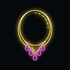 Neon sign representing a necklace with five tear shaped pendants, shining brightly against a dark background