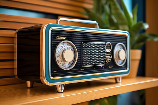 A vintage radio sitting on a wooden shelf, with dials and knobs that evoke the golden age of radio broadcasting