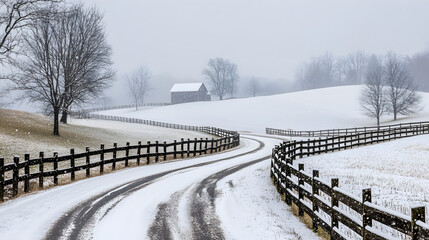 A snow-covered country road winding through rolling hills with wooden fences lining the sides and distant barns barely visible through the falling snow.