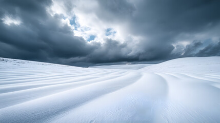 A snow-covered field with low rolling hills the sky above heavy with dark clouds and the wind creating patterns in the snow.