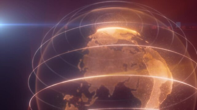 A digital representation of yellow Earth with glowing lines encircling the planet, highlighting global connectivity and technology, video in high quality 4k, motion design