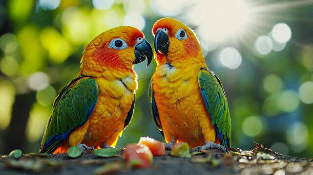 Two parrots are perched on a branch in a forest, facing each other