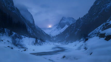 A snow-covered mountain valley illuminated by the soft glow of the moon with towering peaks on either side and a frozen river snaking through the valley floor.