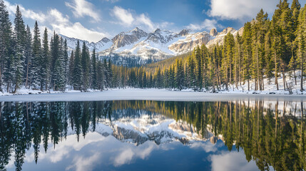 A snow-covered mountain with jagged peaks reflecting in a pristine alpine lake surrounded by dense pine forests.