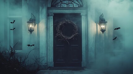 Haunting Halloween entry with fog, black lanterns, and a bat silhouette wreath.