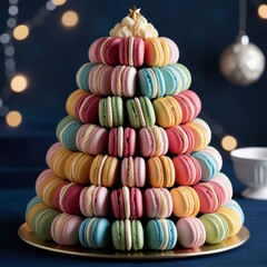 On the plate there is a Christmas tree of macaroons cakes